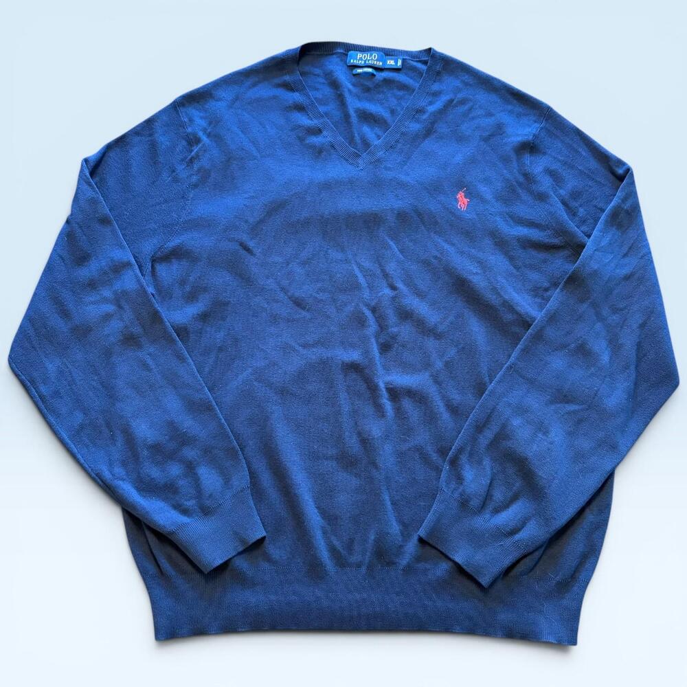 Polo Ralph Lauren Sweater Mens 2XL Blue Pima Cotton V Neck Logo Knit Pullover